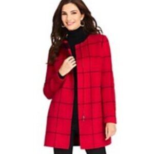 Talbots Petites Cardigan Coat Pure Merino Wool Open Front Red Black Plaid, sz SP